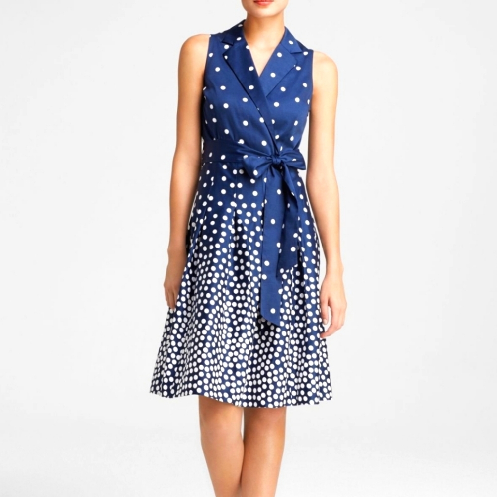 Anne Klien Blue Notch Collar Dress. Navy & White Polka Dot Size 10 NWT